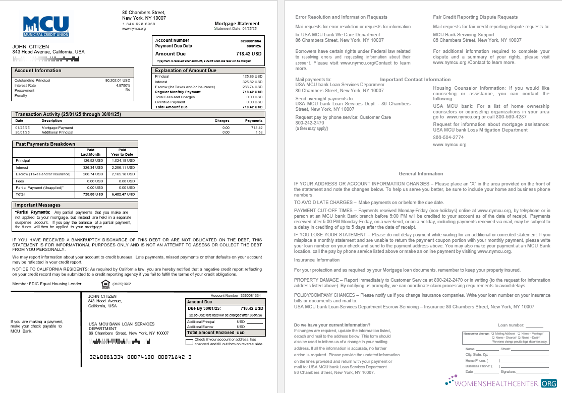 Download USA MCU bank mortgage statement in Word and PDF formats Photoshop template